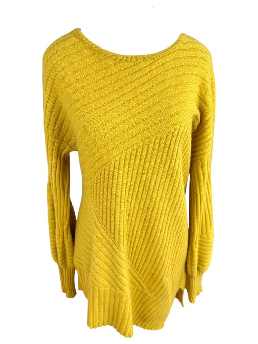 Neiman Marcus Cashmere Sweater Yellow Gold Asymmetric Hem Ribbed (M)